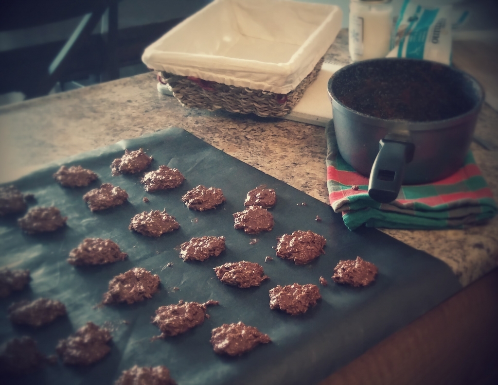 Drop spoonfuls of the chocolate / cocunut amazingness on a cookie cheet